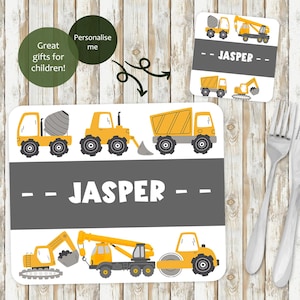 Childrens Placemat and Coaster Set | Personalised Boys Birthday Gift Set | Kids Contruction Vehicle Placemat Gift | Boys Excavator Gift