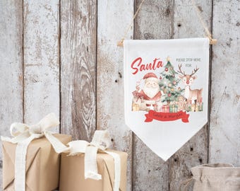 Santa Please Stop Here Sign | Personalised Father Christmas Stop Here Flag | Children's Christmas Gifts | Kids Xmas Décor | Stocking Filler