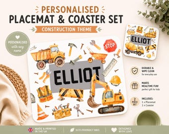 Boys personalised tool time placemat & coaster gift set | Childrens constuction vehicle tablemat - with name