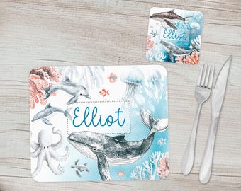 Childrens personalised placemat & coaster | Under the sea tablemat - with custom name | Kids dinnerware giftset | Ocean animal birthday gift