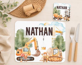 Childrens Personalised Placemat & Coaster Gift Set | Boys Contruction Vehicle Table Mat - With Name