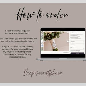May include: A laptop screen displays an Etsy listing for a bouquet with a personalized tag. Text on the screen and surrounding the laptop explains how to order and personalize items. The background is a neutral beige color.