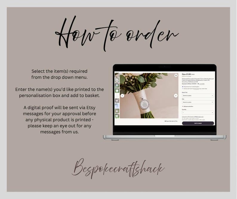 May include: A laptop screen displays an Etsy listing for a bouquet with a personalized tag. Text on the screen and surrounding the laptop explains how to order and personalize items. The background is a neutral beige color.