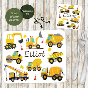 Childrens Placemat and Coaster Set | Personalised Boys Birthday Gift Set | Kids Contruction Vehicle Placemat Gift | Boys Excavator Gift