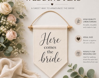 Here Comes The Bride - Wedding Banner | Linen Page Boy Flag | Flower Girl Sign