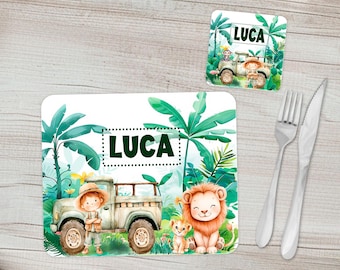 Children's personalised placemat & coaster | Safari animal tablemat - with custom name | Kids dinnerware giftset | Boys safari birthday gift