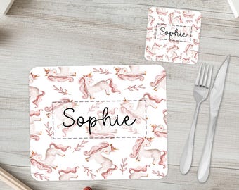 Children's personalised placemat & coaster set | Girl's whimsical unicorn dinnerware - with custom name | Kids unicorn matching tablemat set