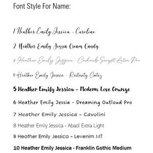 May include: A white background displays a list of font styles for names. Each style is numbered and includes a sample name in the chosen font. The fonts vary from cursive to bold, with names like Caroline, Cream Candy, and Modern Love Grunge.