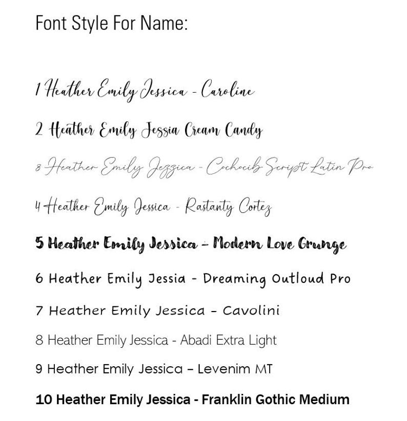 May include: A white background displays a list of font styles for names. Each style is numbered and includes a sample name in the chosen font. The fonts vary from cursive to bold, with names like Caroline, Cream Candy, and Modern Love Grunge.