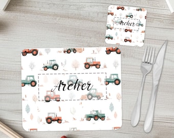 Boys personalised placemat & coaster set | Children's vintage tractor tablemat - with custom name | Kids on the farm matching dinnerware set
