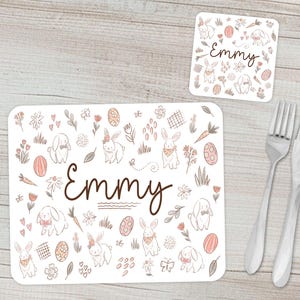 Childrens personalised placemat & coaster | Kids sweet bunny dinnerware giftset - with custom name | Girls Bunny rabbit tablemat Easter gift