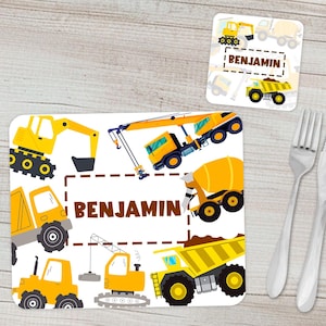 Children's placemat & coaster set | Boy's construction vehicle tablemat - with custom name | Kid's personalised vehicle dinnerware giftset