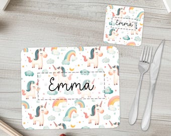 Kid's personalised placemat & coaster set | Girls unicorn dinner tablemat - with custom name | Children's whimsical unicorn birthday giftset