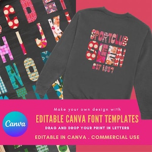 May include: A dark gray sweatshirt with the text "SPORTCLUB SEVEN EST 1987" in a colorful, patterned design. The background features colorful letters and the Canva logo with text: "EDITABLE CANVA FONT TEMPLATES".
