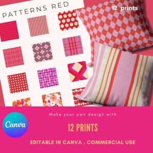 Op de afbeelding: Een digitale grafische weergave getiteld PATTERNS RED met 12 vierkante stalen van diverse rode en roze geometrische, bloemrijke en geruite patronen. Twee vierkante kussens worden getoond, één met een rood ruitpatroon en één met roze strepen.