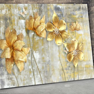 Golden Flowers Glass Wall Art, Flower Glass Paint, Large Glass Wall Art, Panoramic Wall Art, Tempered Glass Art, Glass Printing Art