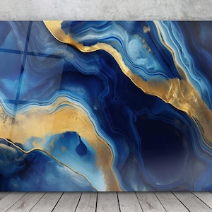 Blue & Gold Abstract Tempered Glass Wall Art: Modern Home Decor