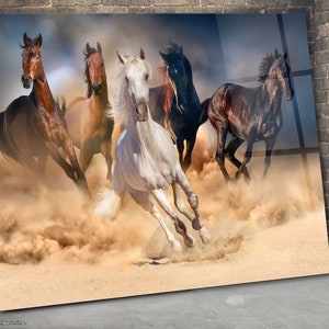 Running Horses Tempered Glass Wall Art: Large Multi-Horse Decor