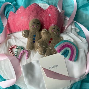 Play Set with Pink Crown,  Felted Gingerbread People + Play Silk Perfect Stocking Gift Candyland or Nutcracker