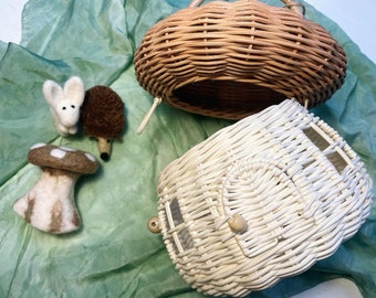 Basket Mushroom Purse Bag with Wool Hedgehog, Bunny, and Toadstool. In stock, ready to ship!