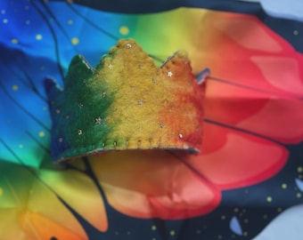 Rainbow Felted Crown with Golden Stars and Rainbow Butterfly Wings