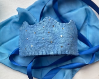 Felted Light Blue Crown and Cape (21"x21" silk dyed to match) set. In stock-ready to ship!