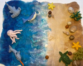 Ocean Sea Wool Play Mat with Wool Creatures, plants, rocks, and shells In STOCK, Ready to Ship