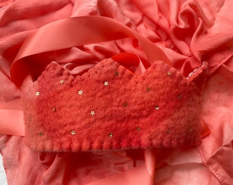 Felted Light Coral to Bright Coral Crown and Cape (36"x36" silk dyed to match) set. In stock-ready to ship!