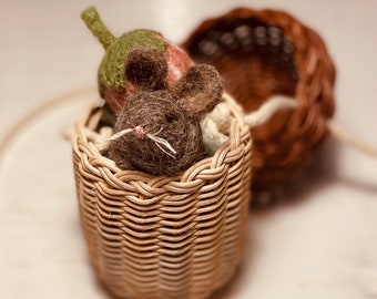 Acorn basket purse with hand dyed 22" silk, a wool felted mouse and strawberry. In Stock, Ready to Ship!