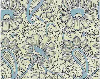 0934/1 - Provence Floral Handprint 56"-Lake -Indian Fabric-Block Print -Country-Paisley-Upholstery-Curtains-Table linen -Boho Fabric-Pillows