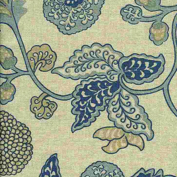 4201/2 - Jakarta Linen Print 58"-Bluetint on Flax-Floral-Vintage-Farmhouse-Country-Ethnic-Curtains-Pillow-Upholstery-Seat Cushion-Drapery