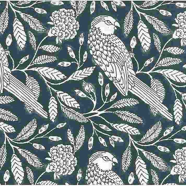 9223/1 -Eden Print 56"-Indigo-Bird-Block Print-Indian Fabric-Country-Farmhouse-Coastal-Upholstery-Curtains-Table-linen-Ikat-Floral-Kalamkari