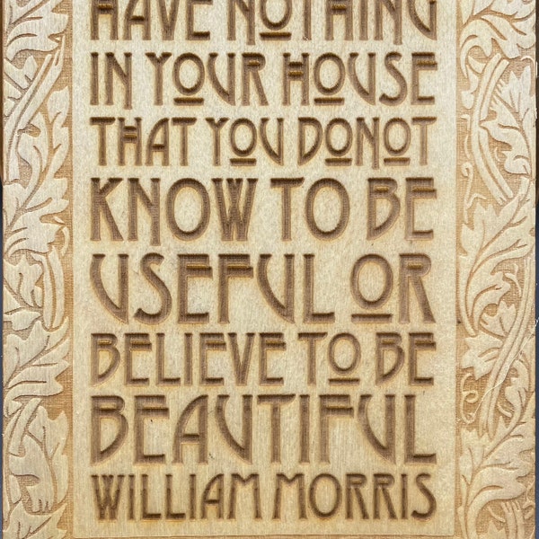 Cita de William Morris grabada en madera