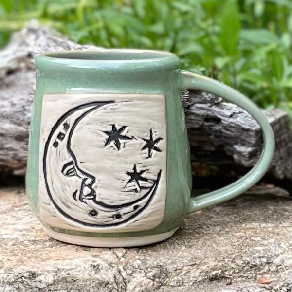 Moon Mug. Moon and Stars Mug. Pottery. Ceramics. Handmade. Coffee. Tea. 14 oz.