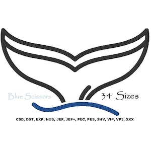 May include: Black and white outline of a whale tail with a blue wave underneath. The text "Blue Scissors" and "34 Sizes" are below the image. The text "CSD, DST, EXP, HUS, JEF, JEF+, PEC, PES, SHV, VIP, VP3, XXX" is below the text.