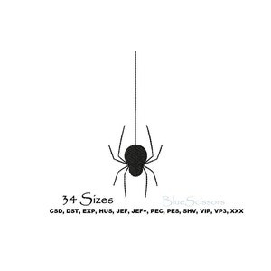 Może przedstawiać: Czarna sylwetka pająka wiszącego na pajęczynie. Dostępne są 34 rozmiary w następujących formatach: CSD, DST, EXP, HUS, JEF, JEF+, PEC, PES, SHV, VIP, VP3, XXX.