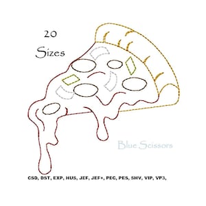 Puede incluir: Un dibujo de línea de una rebanada de pizza con costuras rojas, marrones, amarillas y blancas. El texto "20 tamaños" y "Blue Scissors" también se incluye en la imagen.