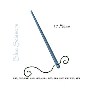 Puede incluir: Una aguja azul con un hilo negro y verde enhebrado en el ojo. La aguja está enhebrada a través de un bucle de hilo. El texto "17 tamaños" es visible en la imagen. El texto "CSD, DST, EXP, HUS, JEF, JEF+, PEC, PES, SHV, VIP, VP3, XXX" también es visible en la imagen.
