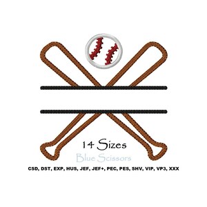 May include: An embroidered baseball design featuring crossed brown bats, a baseball with red stitching, and two black horizontal lines. The text "14 Sizes" and "Blue Scissors" are also included.