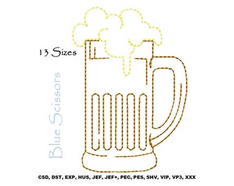 May include: A line art embroidery design of a beer mug with a foamy head. The design is in brown and yellow thread. The text "13 Sizes" and "Blue Scissors" are also included in the image.