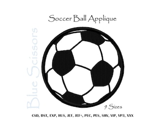 May include: Black and white soccer ball applique design. 9 sizes included: CSD, DST, EXP, HUS, JEF, JEF+, PEC, PES, SHV, VIP, VP3, XXX.
