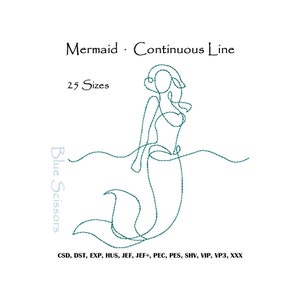 May include: A line drawing of a mermaid with a continuous line. The mermaid is facing to the right and has long flowing hair. The image includes the text "Mermaid Continuous Line" and "25 Sizes".