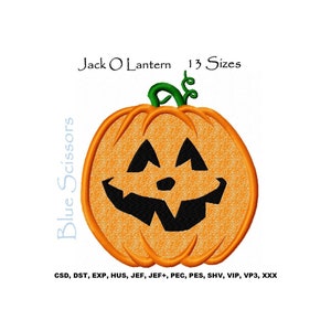 May include: An orange jack-o'-lantern with a carved smiling face. The text "Jack O Lantern 13 Sizes" is above the pumpkin. The text "CSD, DST, EXP, HUS, JEF, JEF+, PEC, PES, SHV, VIP, VP3, XXX" is below the pumpkin.