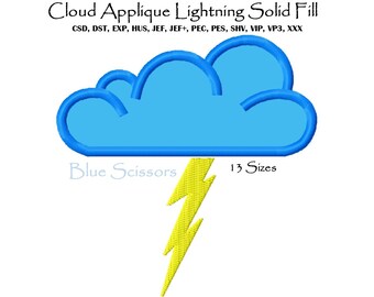 Cloud Applique Embroidery Design, Lightning Embroidery (Machine Files)