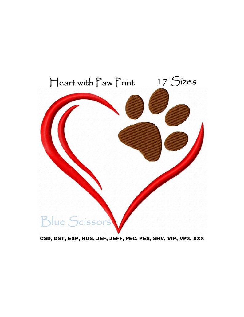 Heart with paw print embroidery design heart embroidery  etsy