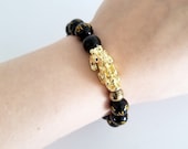 Feng Shui Wealth Bracelet REAL Obsidian engraved MANTRA 18K Gold Plated Pi Yao PiXiu Obsidian wealth bracelet Prosperity Money Bracelet