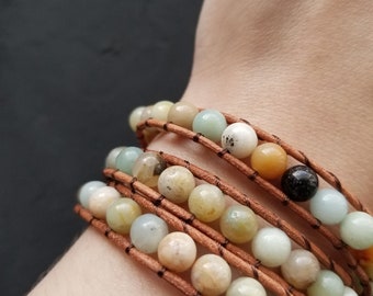 Wholesale 3 Pcs Natural Amazonite Stone Bracelet | 3-layer wrap Boho Bohemian Indie Bracelet | Healing Gemstone