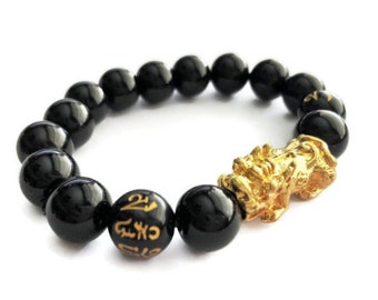 REAL Obsidian + 18K Gold Plated Pi Xiu Pi Yao Authentic Feng Shui Wealth Bracelet | Obsidian Wealth Bracelet, Money Prosperity Bracelet