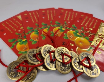 Set of 5 Feng Shui 3-Coins + Red Envelopes | Activate Income | Feng Shui Wealth 2024 | Feng Shui Lucky Coin Amulet | Feng Shui Money