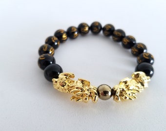REAL Obsidian w/ MANTRA + 18K Gold Plated Double Pi Yao Pi Xiu Authentic Feng Shui Wealth Bracelet | Obsidian wealth bracelet